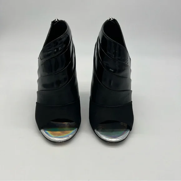 L.A.M.B.Black Patent Leather Open Toe Ankle Boots Silver Stiletto Heel Modern - Picture 13 of 13